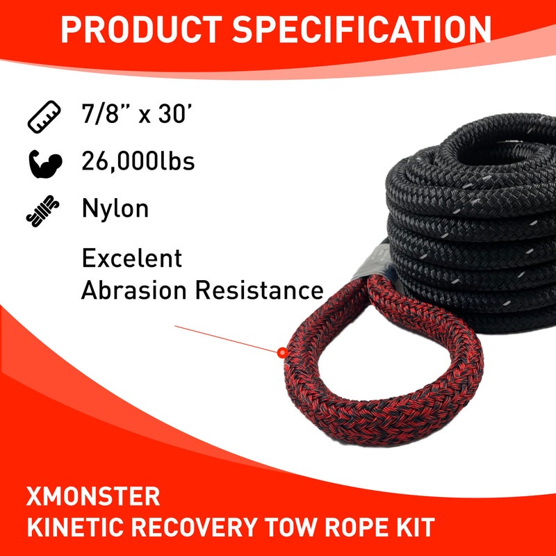 X MONSTER 7/8â€œx30' Kinetic Recovery Rope & 100% Nylon Towing Rope 29,000lbs Breaking Strength with 2 Soft Shackles (40,000lbs), Free Durable Heavy Duty Handbag Off-Road Recovery Kits - Image 2
